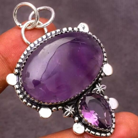 Large Artisan Crafted Amethyst Pendant Necklace Double Stone Sterling Silver New - Picture 3 of 11